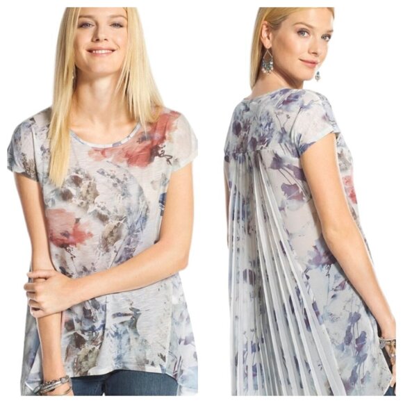 Chicos High Low Top Size 1 M 8 Floral Accordian Pleats Woven Back Oversized - Picture 2 of 13